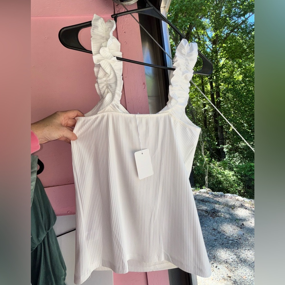 BiBi White Ruffled Strap Ribbed tank top ❤️ NWT